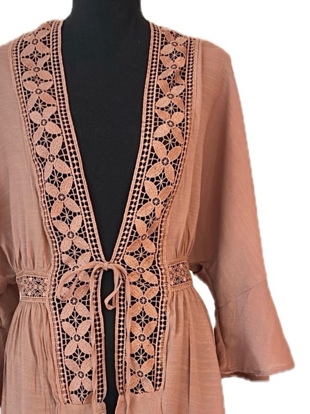 LOVE TREE ~ Bohemian Mocha Kimono with Embroidered Trim size M - Picture 9 of 10